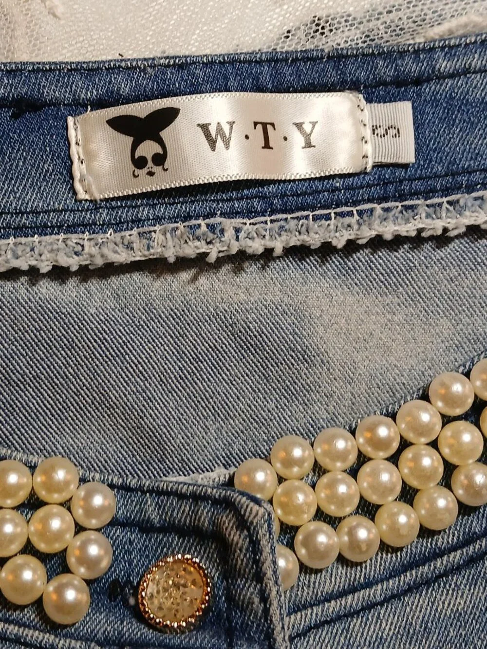WTY Blue Jean Jacket with Faux Pearls and Lace/Crochet Cuffs & Hem - EUC - Picture 5 of 12